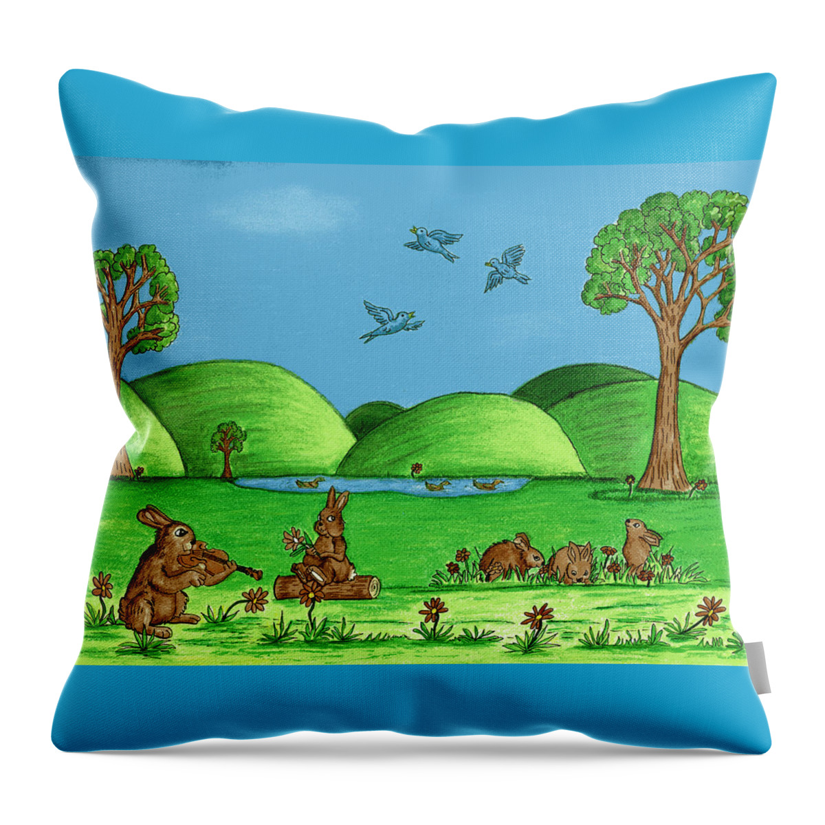 Landscape Throw Pillow featuring the drawing Country Bunnies by Christina Wedberg