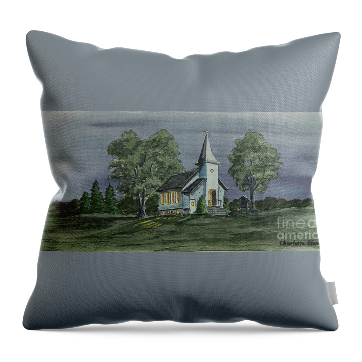Country Church At Night Throw Pillow featuring the painting Country Church On A Summer Night by Charlotte Blanchard