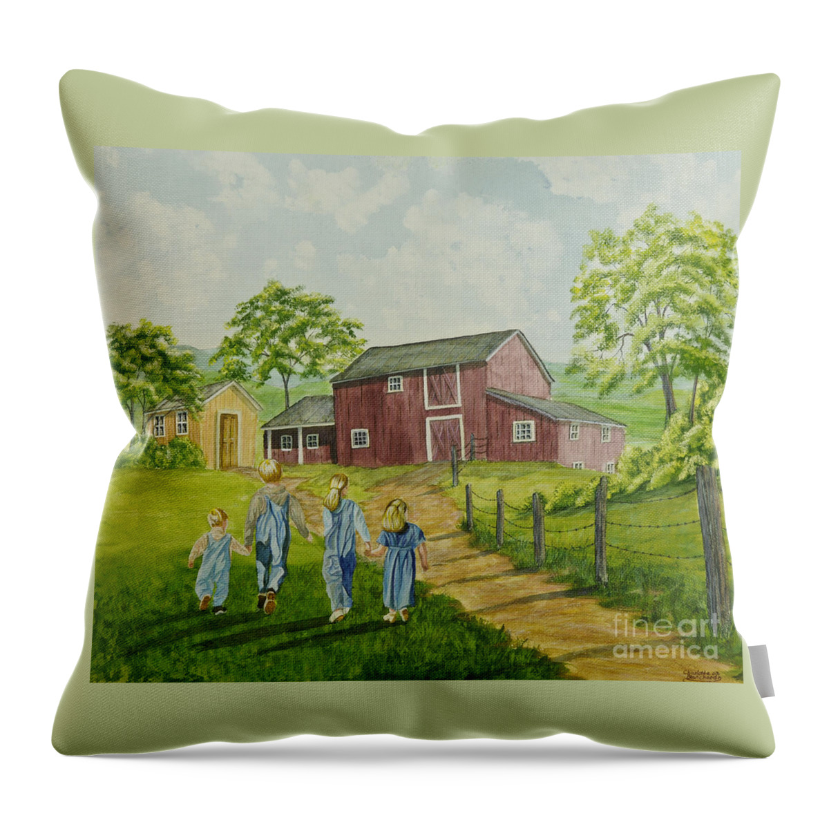Country Kids Art Throw Pillow featuring the painting Country Kids by Charlotte Blanchard