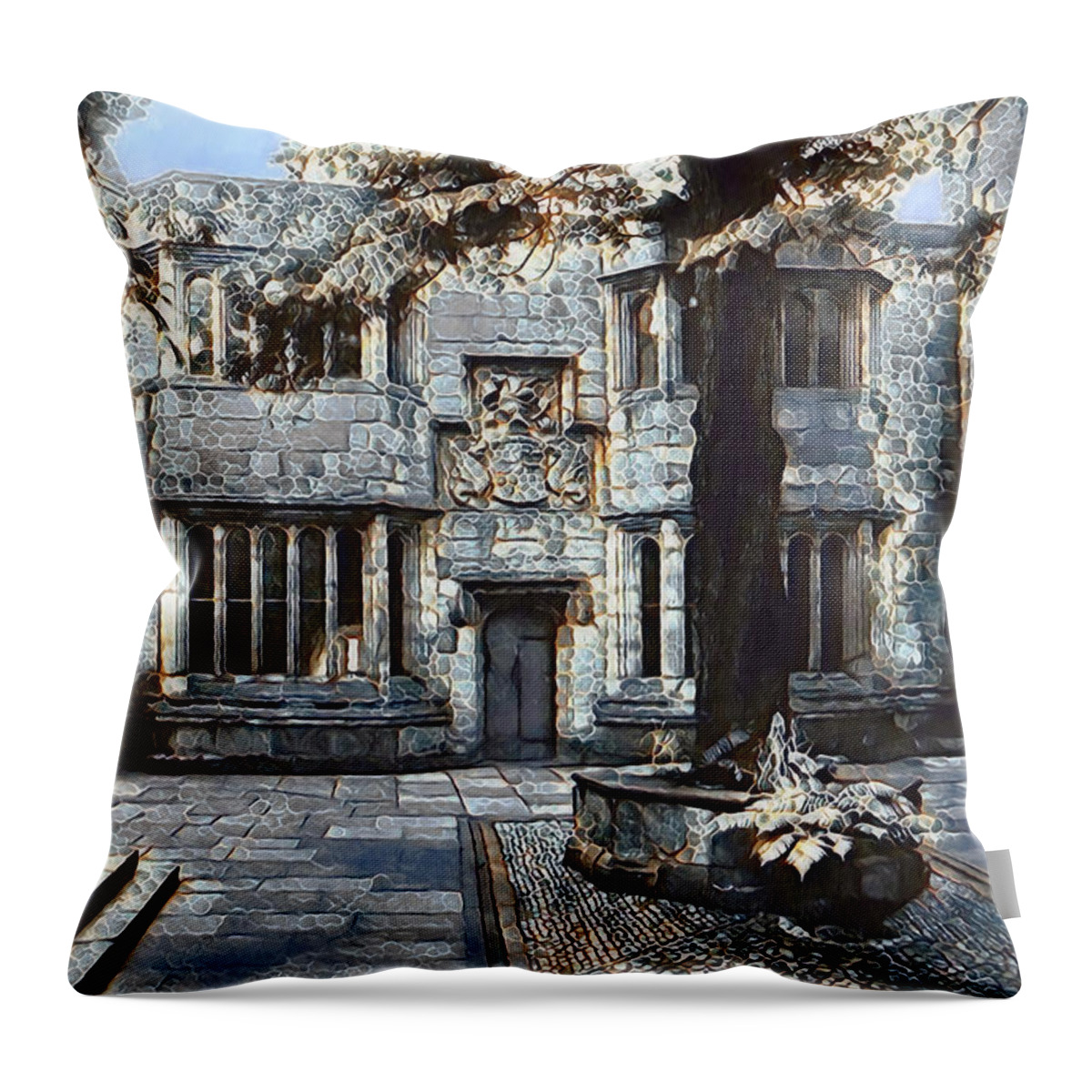 Castle Throw Pillow featuring the digital art Courtyard of Skipton Castle by Pennie McCracken