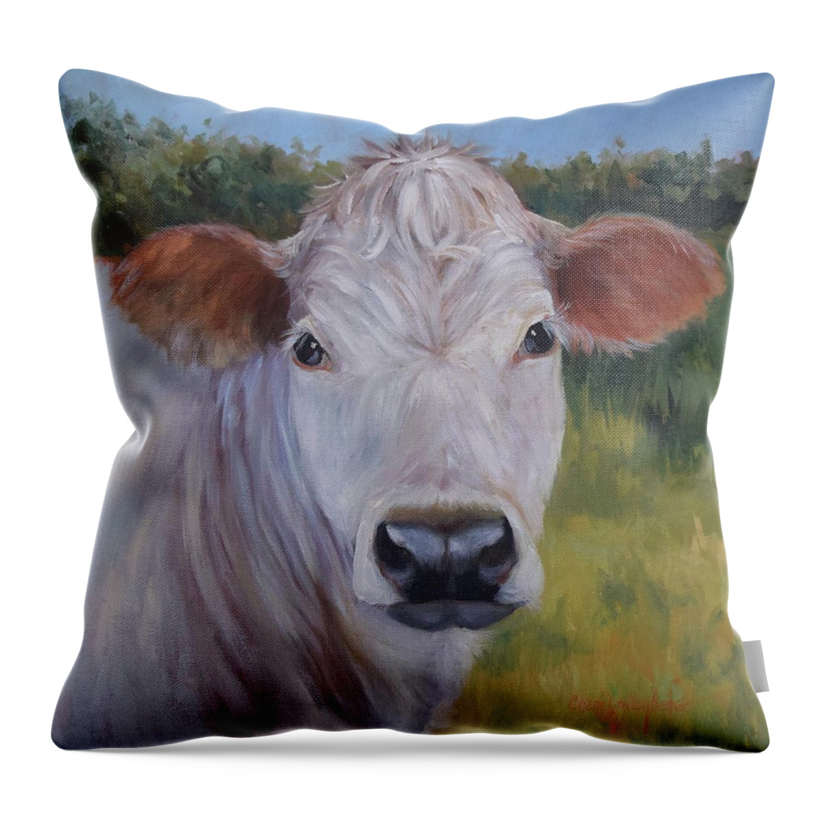Animal Throw Pillow featuring the painting Cow Painting Ms Ivory by Cheri Wollenberg
