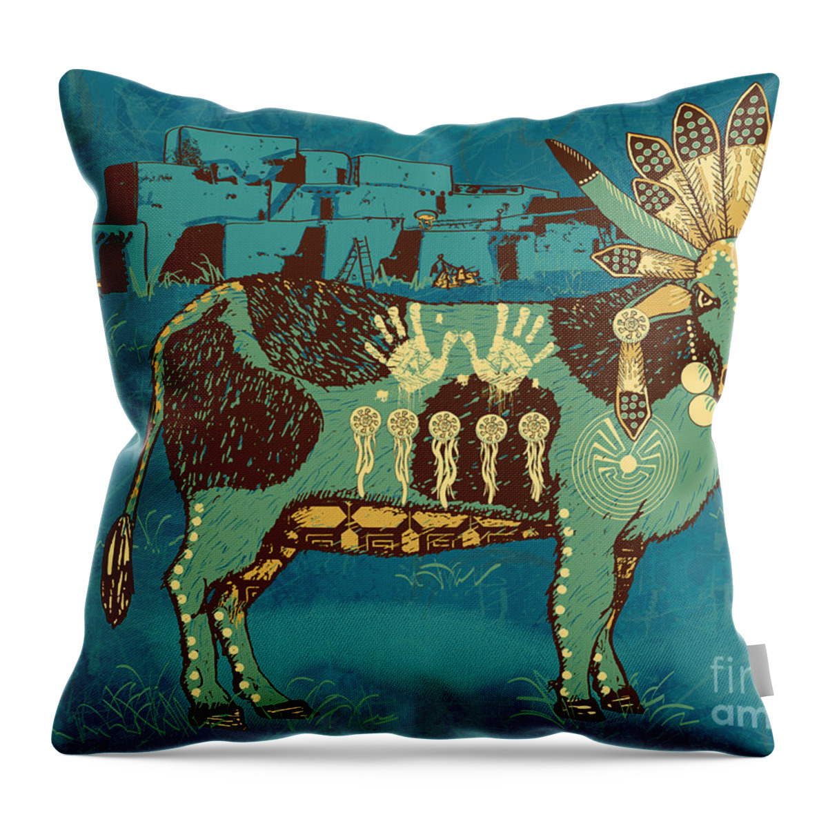 Native Throw Pillow featuring the digital art Cowchina by Laura Brightwood