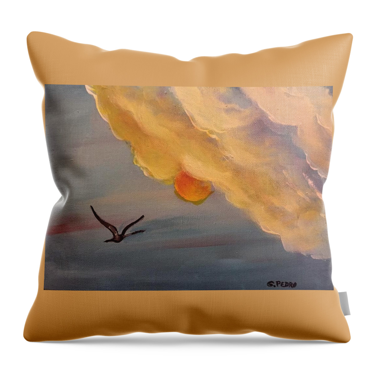 Crane Throw Pillow featuring the painting Crane in Flight during a Florida Sunset by George Pedro