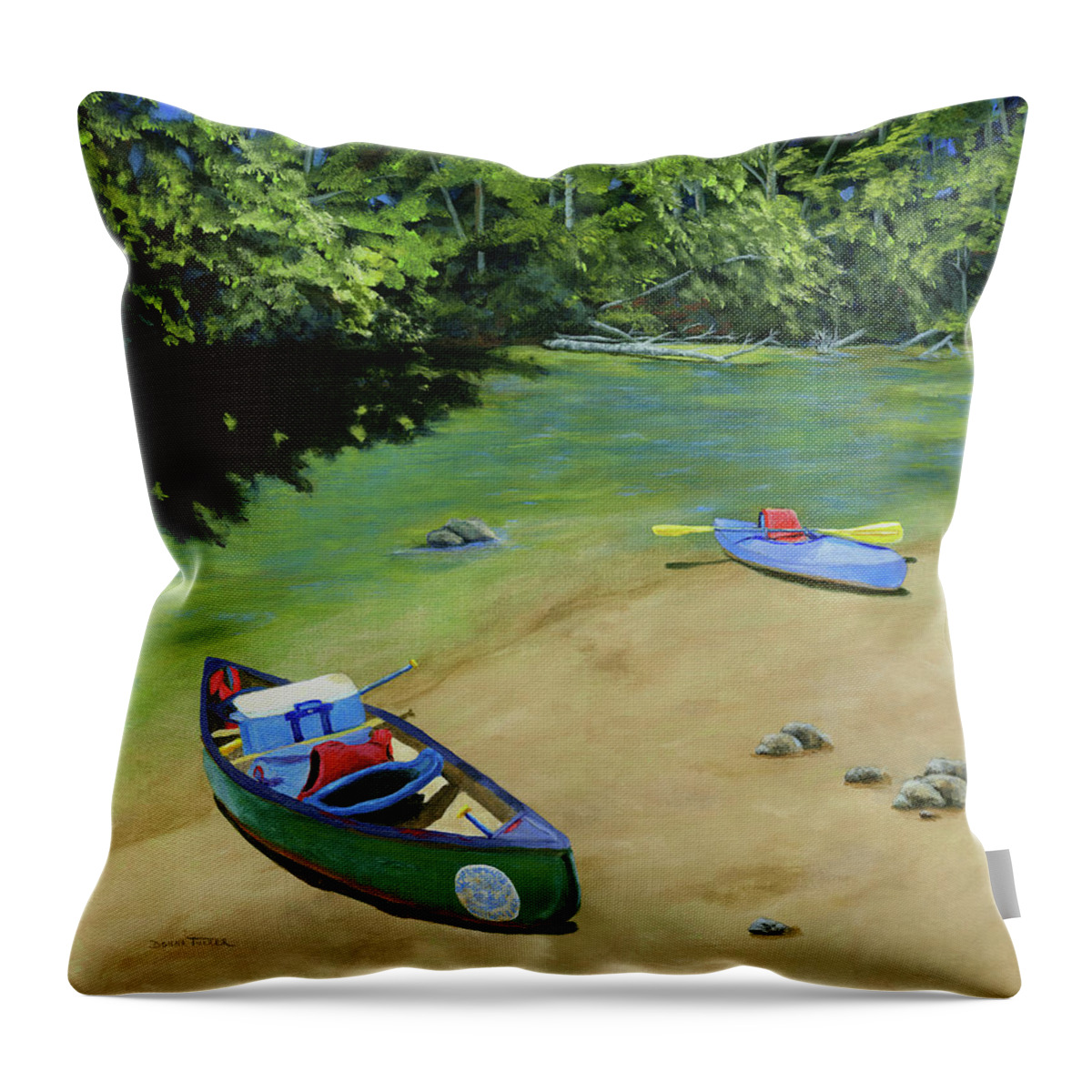Canoe Throw Pillow featuring the painting Creek Lunch Break by Donna Tucker
