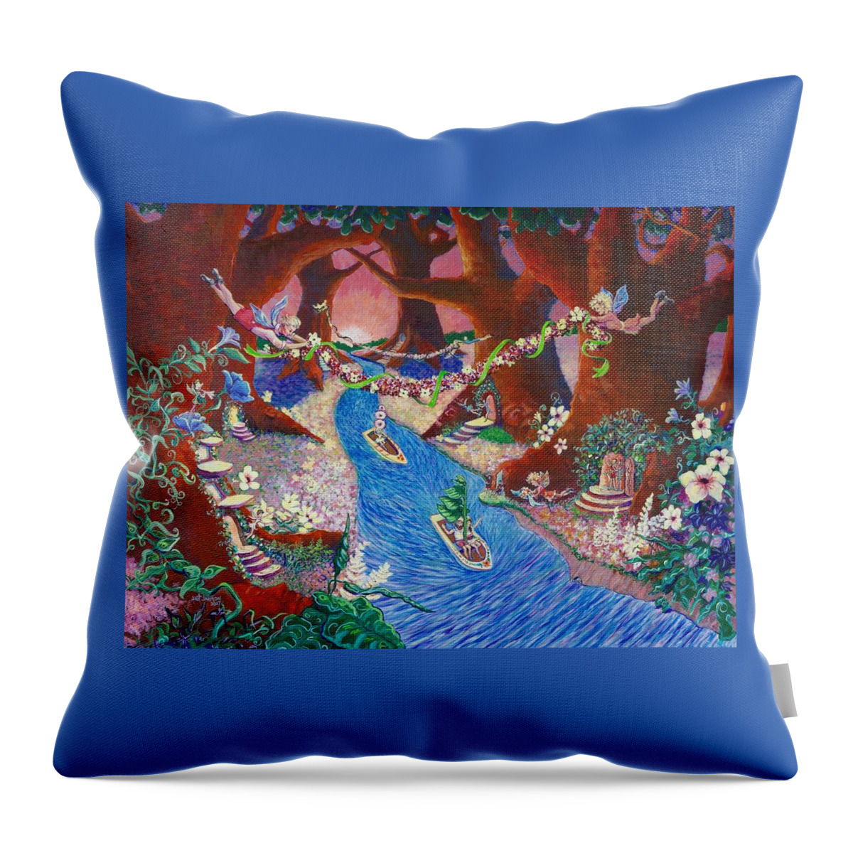 Fairies Throw Pillow featuring the painting Creekside Fairy Celebration by Jeanette Jarmon