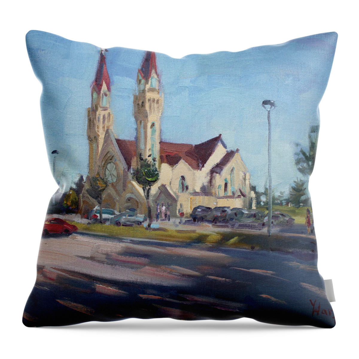 Croatian Centre Throw Pillow featuring the painting Croatian Centre-The Queen Of Peace by Ylli Haruni