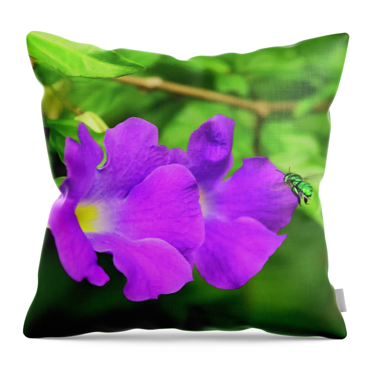 Cuckoo Wasp Throw Pillow featuring the photograph Cuckoo Wasp Darting into Purple Flower by Artful Imagery