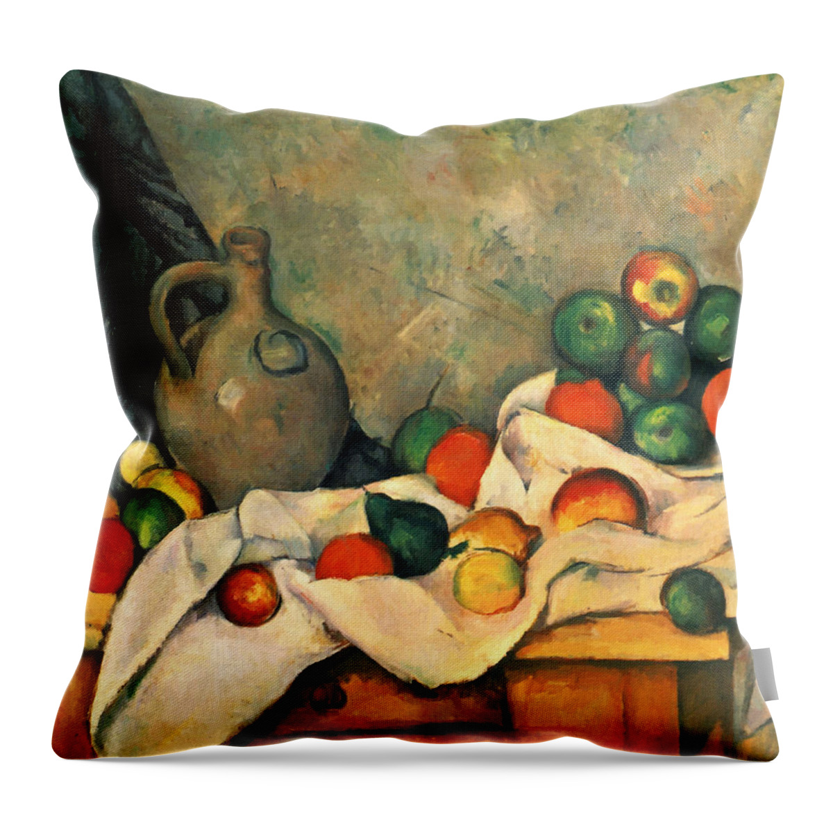 Paul Cezanne Throw Pillow featuring the painting Curtain, Jug And Fruit by Paul Cezanne