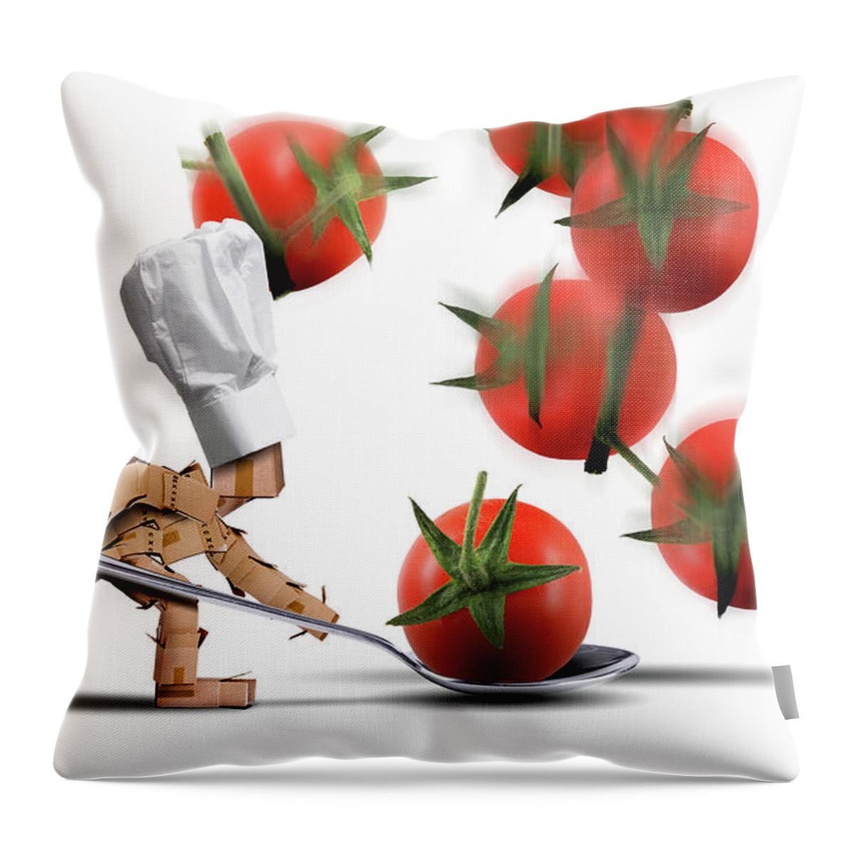 Kitchen Throw Pillow featuring the digital art Cute chef box character catching tomatoes by Simon Bratt