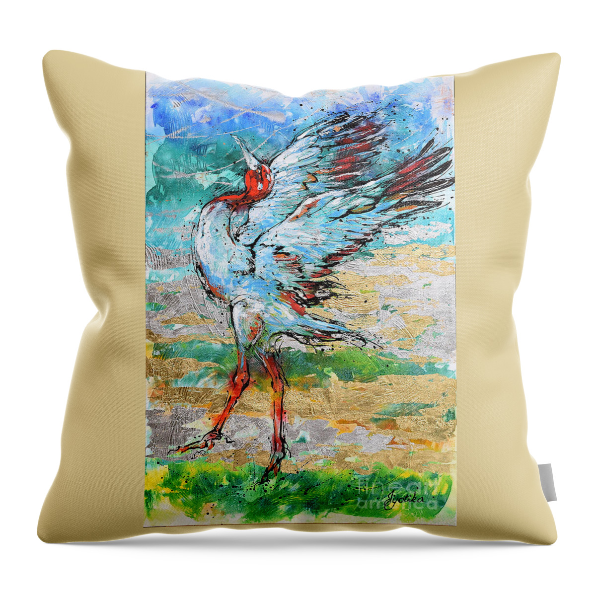 Sarus Cranes In Mating Dance. Birds Throw Pillow featuring the painting Dancing Crane 2 by Jyotika Shroff
