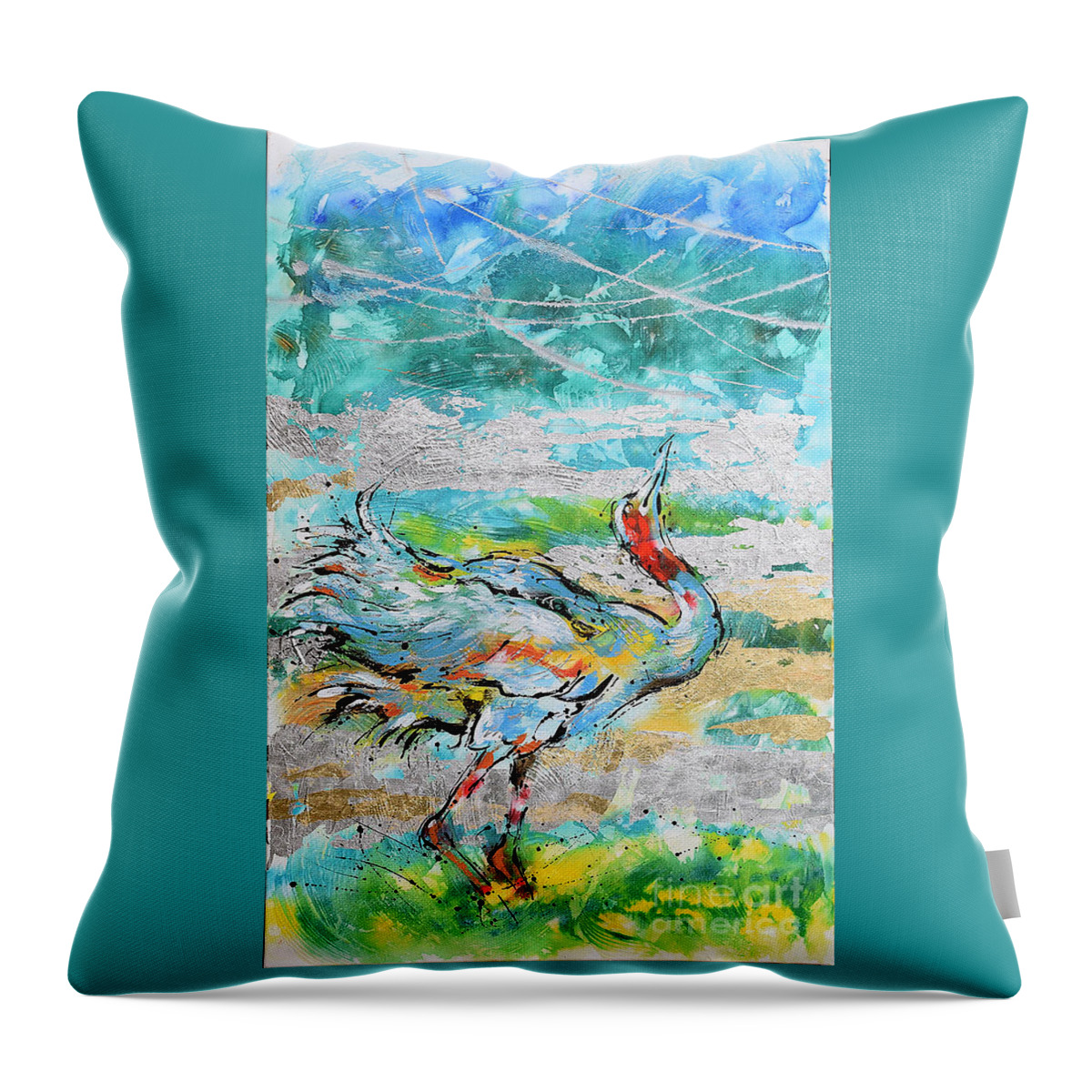 Sarus Cranes In Mating Dance. Birds Throw Pillow featuring the painting Dancing Crane 1 by Jyotika Shroff