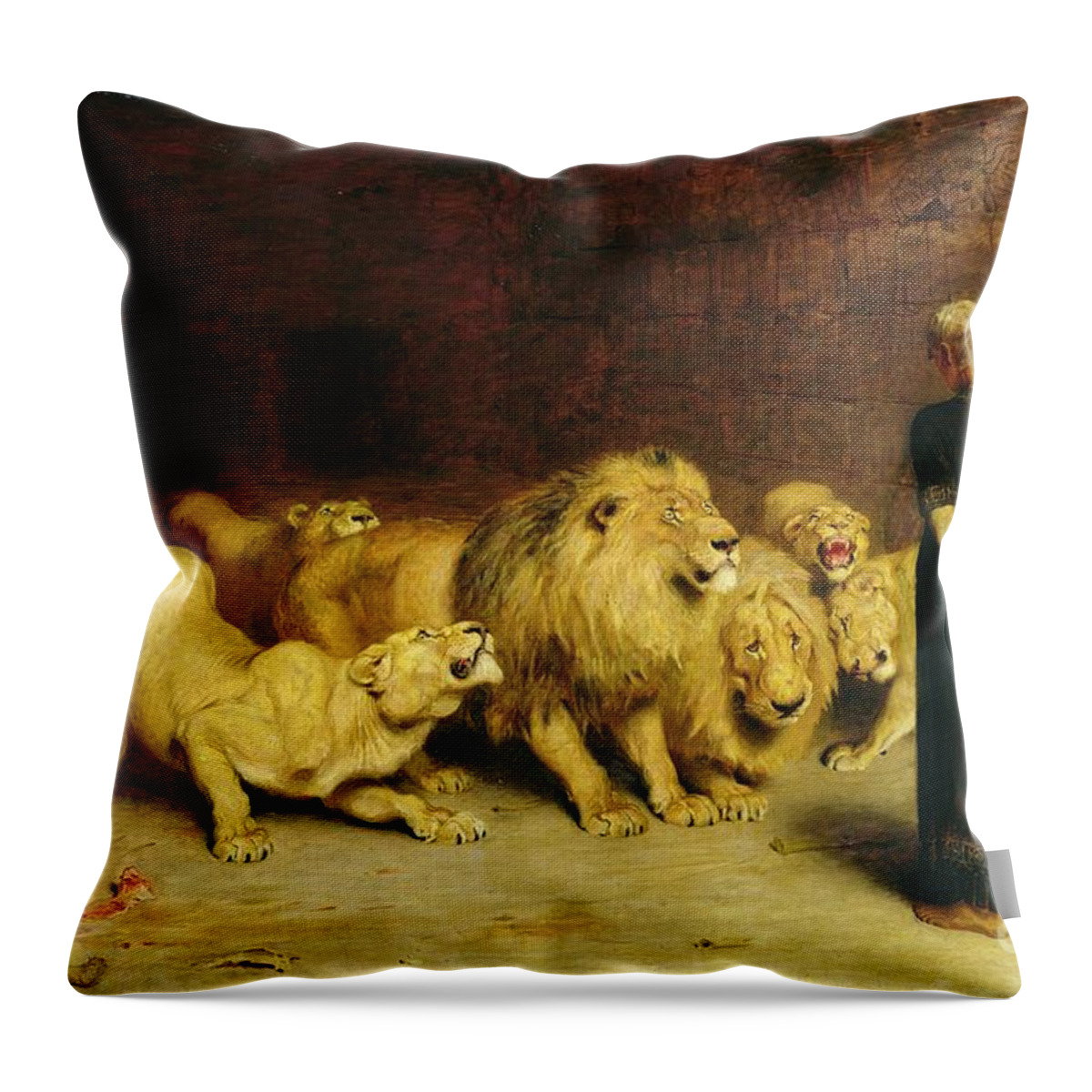 Daniel In The Lions Den Throw Pillow featuring the painting Daniel in the Lions Den by Briton Riviere