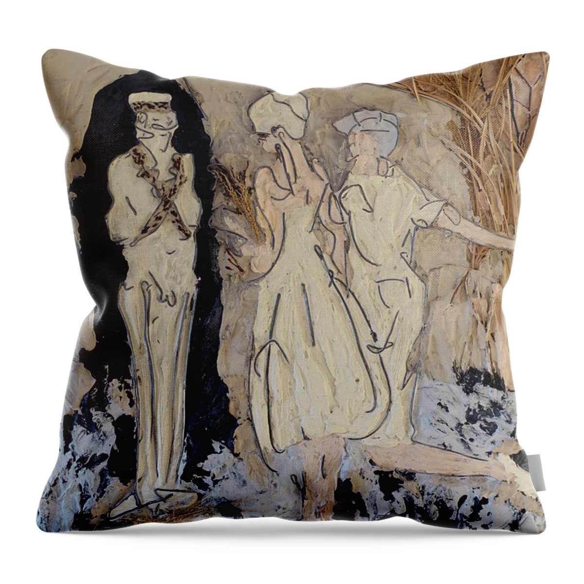 Daphnis Throw Pillow featuring the painting Daphnis and Chloe vow their love before Pan by Peregrine Roskilly