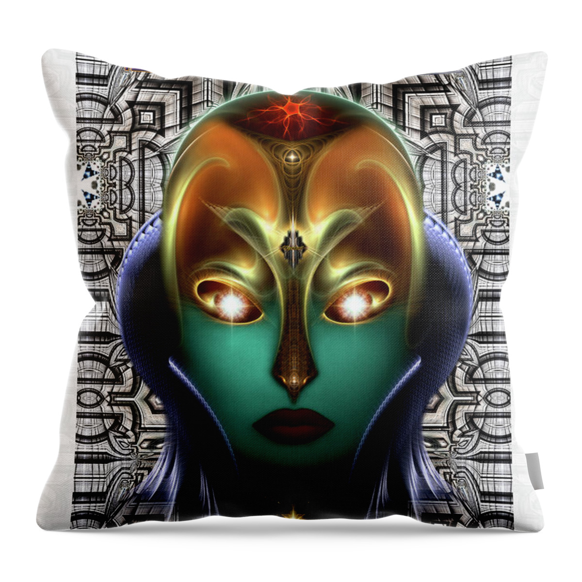 Daria Cyborg Queen Throw Pillow featuring the digital art Daria Cyborg Queen Tech Fractal Portrait by Rolando Burbon