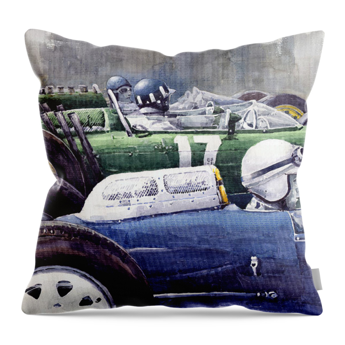 Watercolour Throw Pillow featuring the painting Datch GP 1962 Lola BRM Lotus by Yuriy Shevchuk