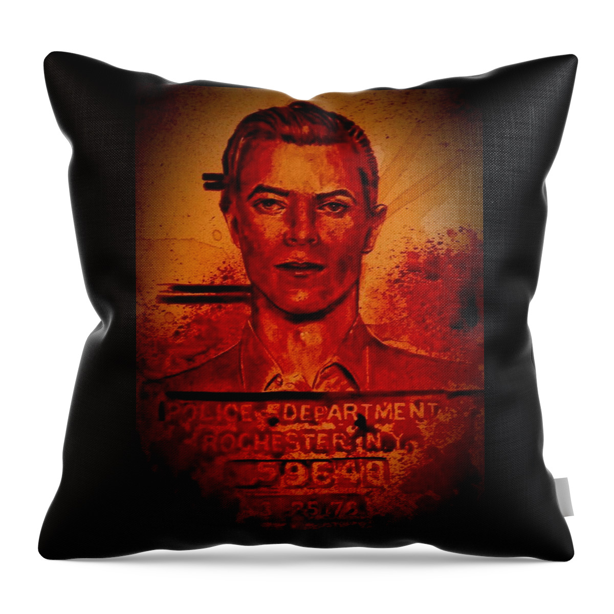 David Bowie Throw Pillow featuring the painting DAVID BOWIE MUGSHOT 1976 - fresh blood by Ryan Almighty