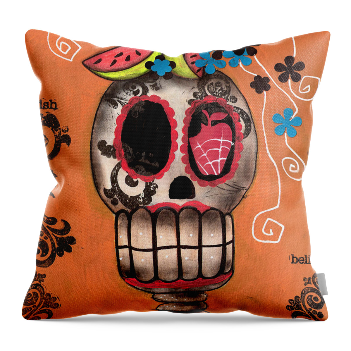 Day Of The Dead Throw Pillow featuring the painting Day of the Dead Watermelon by Abril Andrade