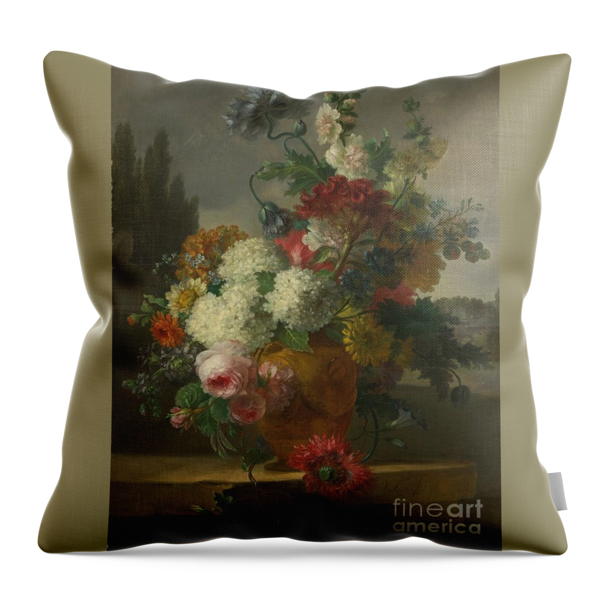 Willem Van Leen Dordrecht 1753 - 1825 Delfshaven Still Life Of Flowers In A Vase Resting On A Stone Ledge. Beautiful Flowers Throw Pillow featuring the painting Delfshaven Still Life Of Flowers In A Vase by MotionAge Designs