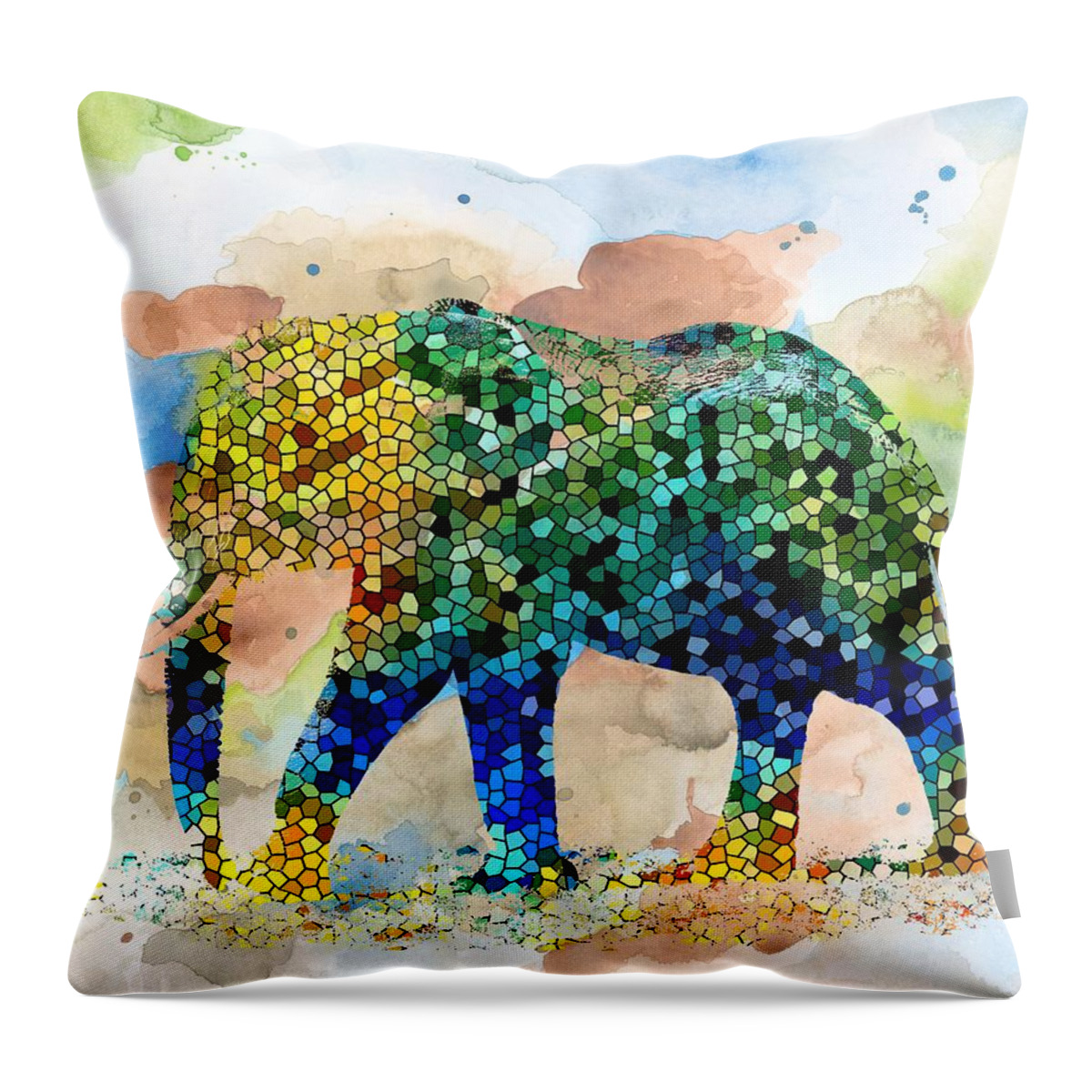 Mosaic Throw Pillow featuring the painting Design 37 Mosaic Elephant by Lucie Dumas