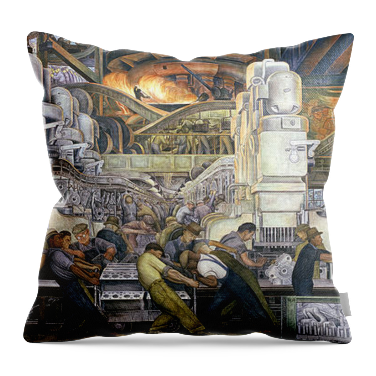 Machinery; Factory; Production Line; Labour; Worker; Male; Industrial Age; Technology; Automobile; Interior; Manufacturing; Work; Detroit Industry Throw Pillow featuring the painting Detroit Industry  North Wall by Diego Rivera