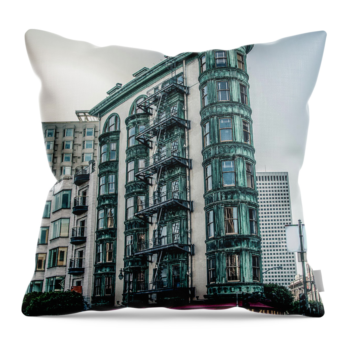 Buildings Throw Pillow featuring the photograph Dez 2016. San Francisco, USA - Old copper-green Columbus tower o by Amanda Mohler