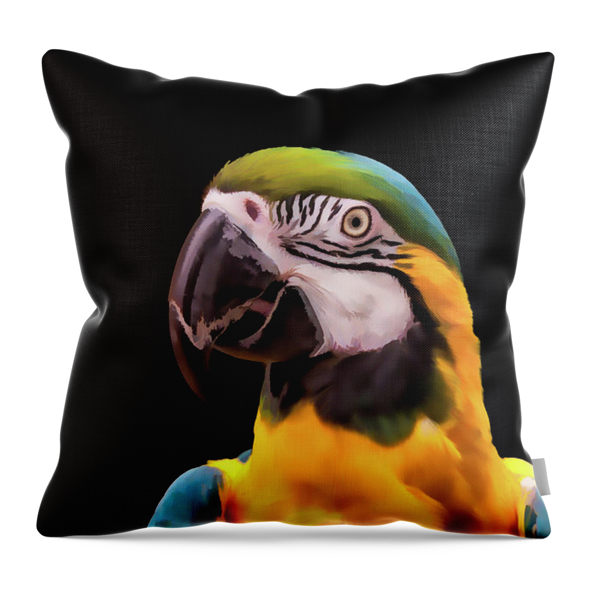 Animal Throw Pillow featuring the digital art Digital Painting of a Blue and Yellow Macaw Parrot by Tim Abeln