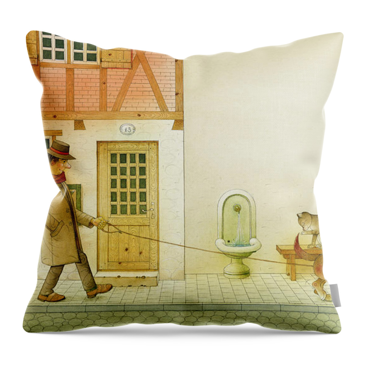 Dog Life City Old Town Street Cat House Illustration Children Book Drawing Animals Throw Pillow featuring the painting Dogs Life10 by Kestutis Kasparavicius