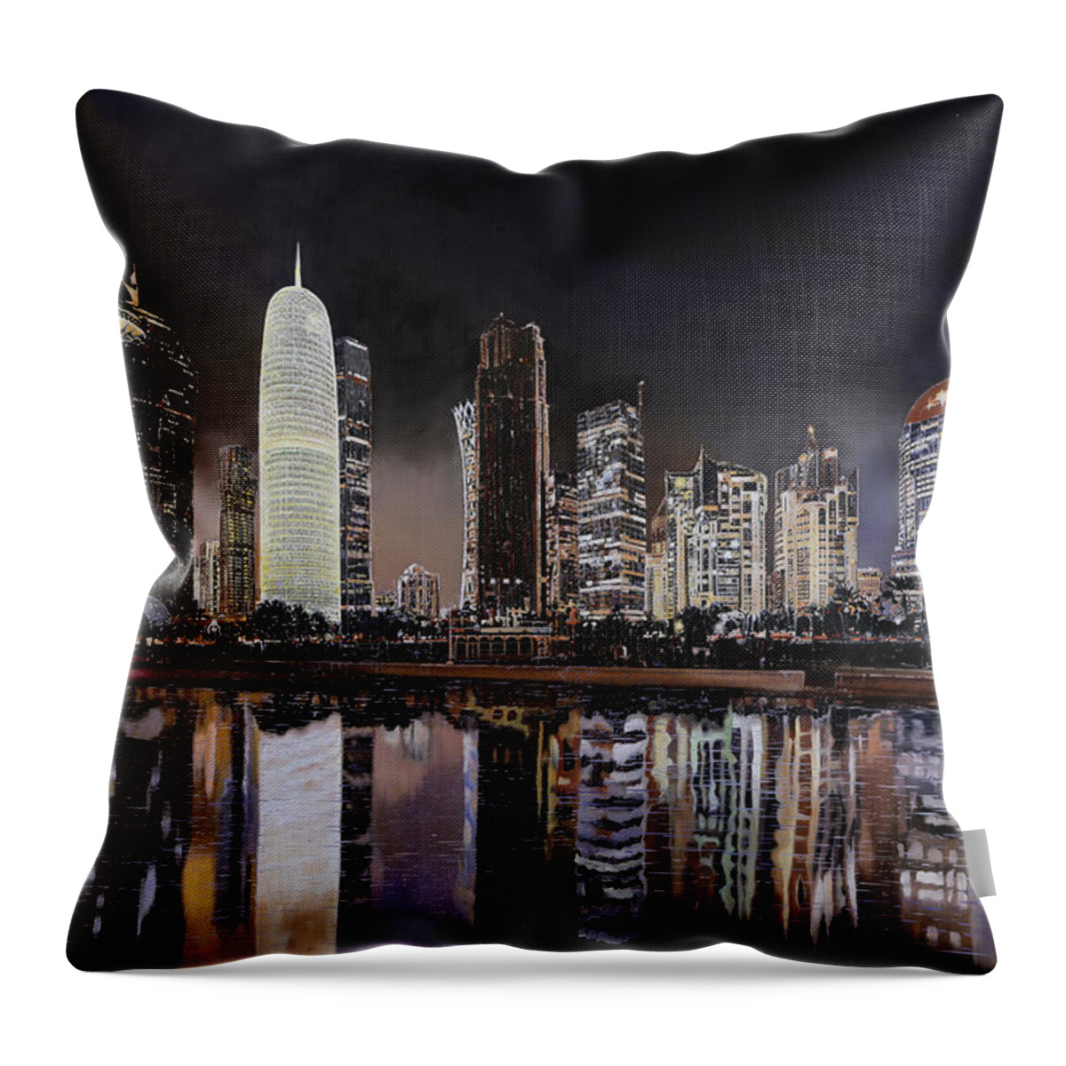 Night In Doha Throw Pillow featuring the painting Doha Qatar by Guido Borelli