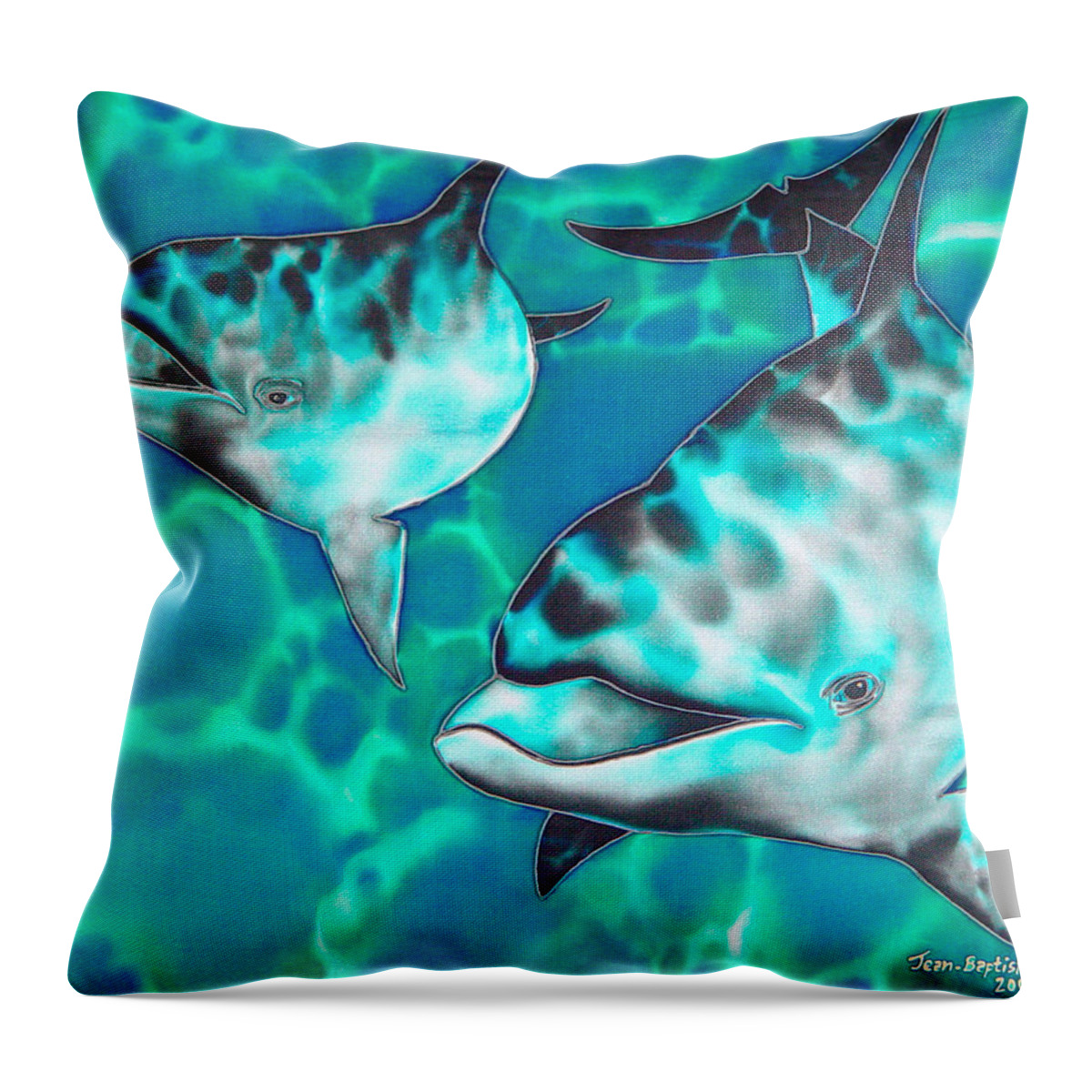 Dolphin Painting Throw Pillow featuring the painting Dolphins of Sanne Bay by Daniel Jean-Baptiste