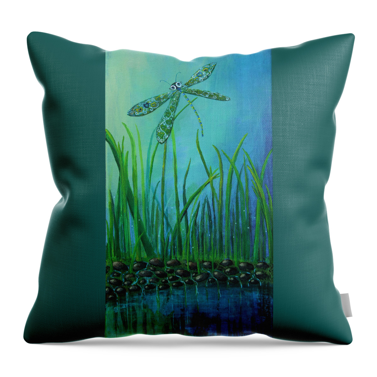 Dragon Fly Throw Pillow featuring the painting Dragonfly at the Bay by Mindy Huntress