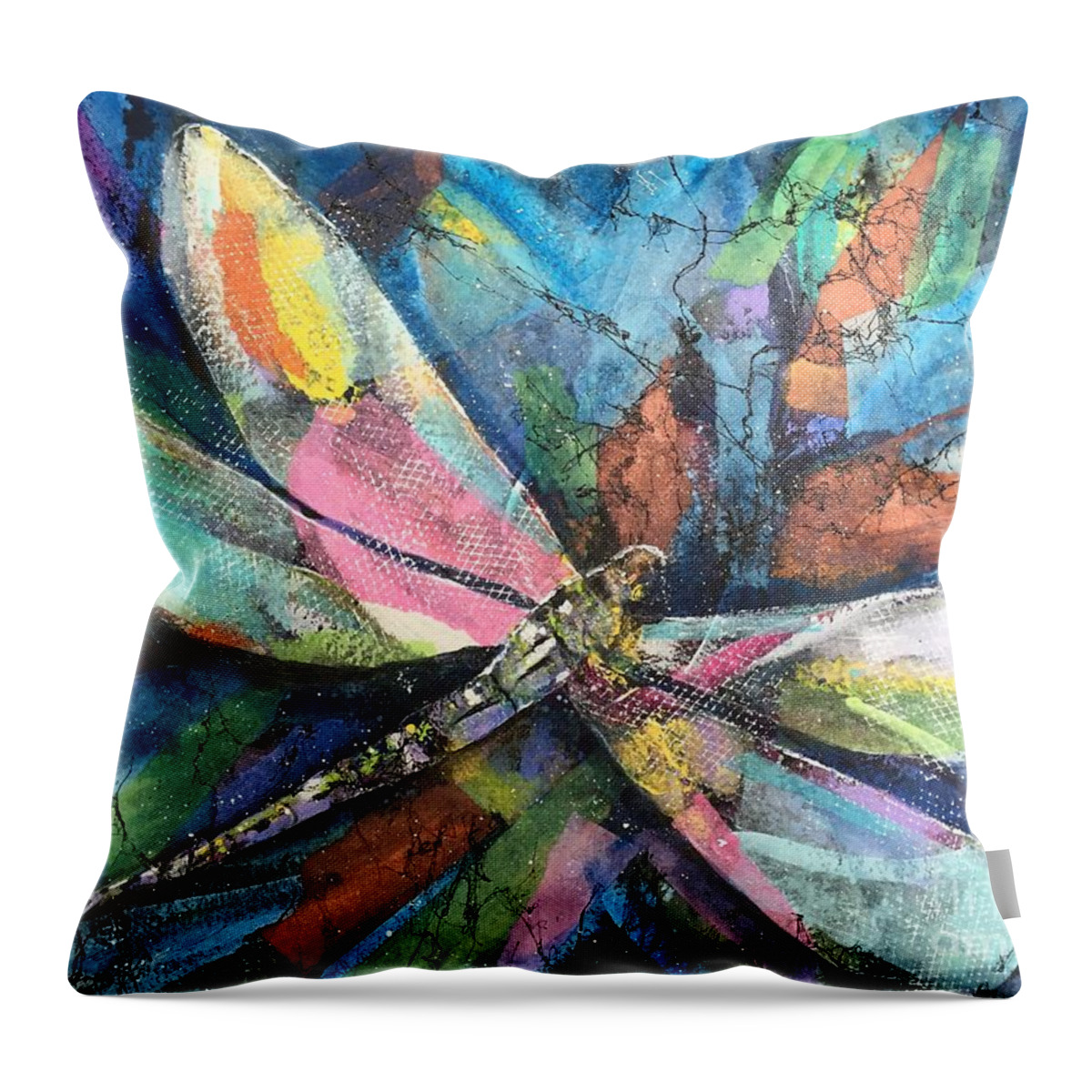 Multicolor Throw Pillow featuring the painting Dragonfly Voyager by Midge Pippel