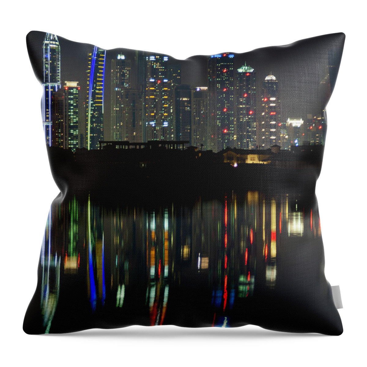 Dubai Throw Pillow featuring the photograph Dubai city skyline nighttime by Andy Myatt