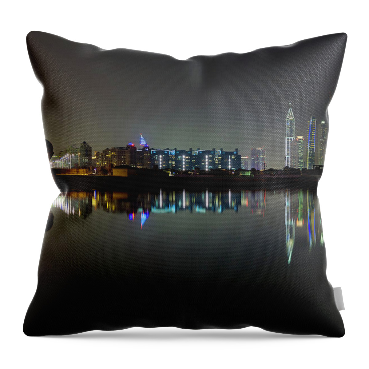 Dubai Throw Pillow featuring the photograph Dubai city skyline night time reflection by Andy Myatt