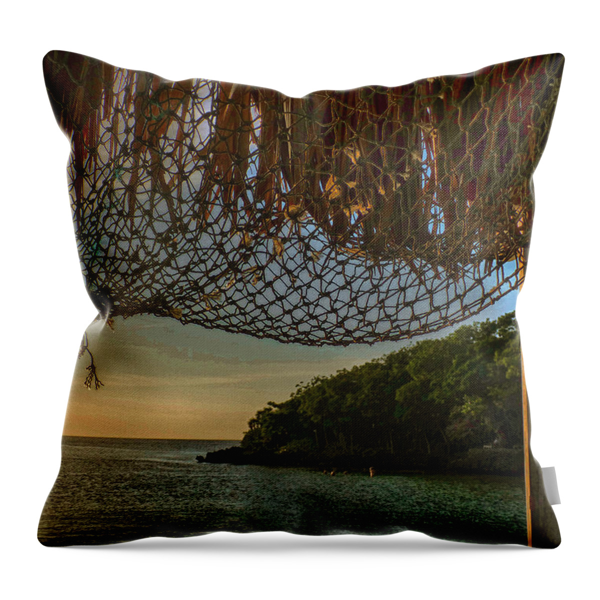 Tropics Throw Pillow featuring the photograph Dusk at Half Moon Bay Pier - Roatan by Jessica Levant