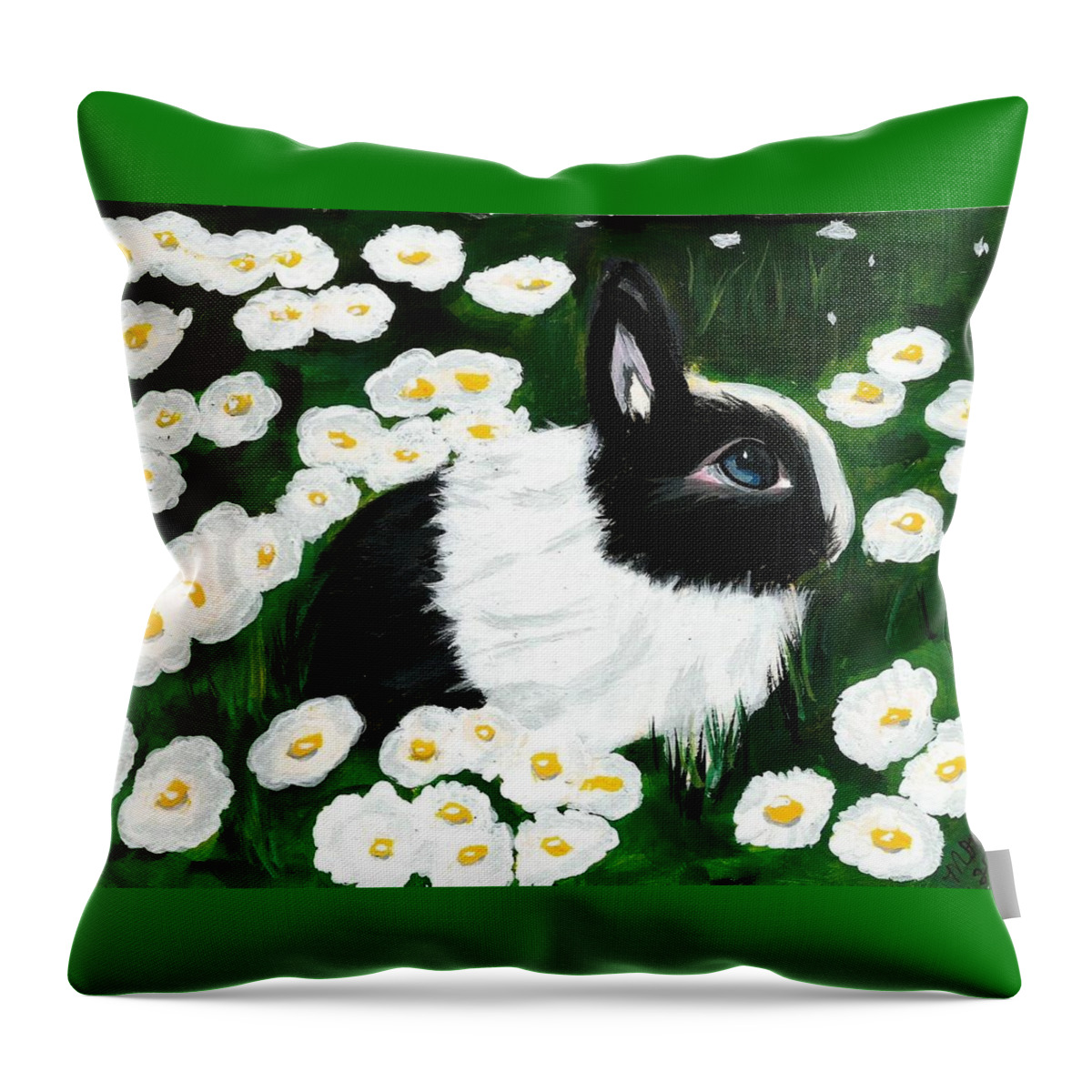 Dutch Bunny Daisies Acrylic Painting Black White Spring Easter Rabbit Impressionism Throw Pillow featuring the painting Dutch Bunny With Daisies by Monica Resinger