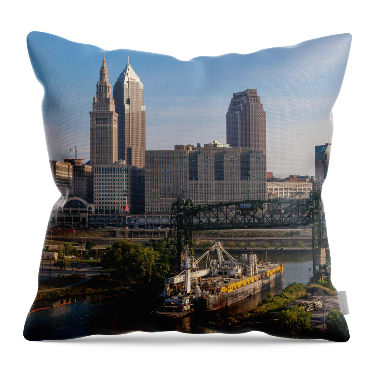 Barge Throw Pillow featuring the photograph Early Morning transport on the Cuyahoga River by Lon Dittrick