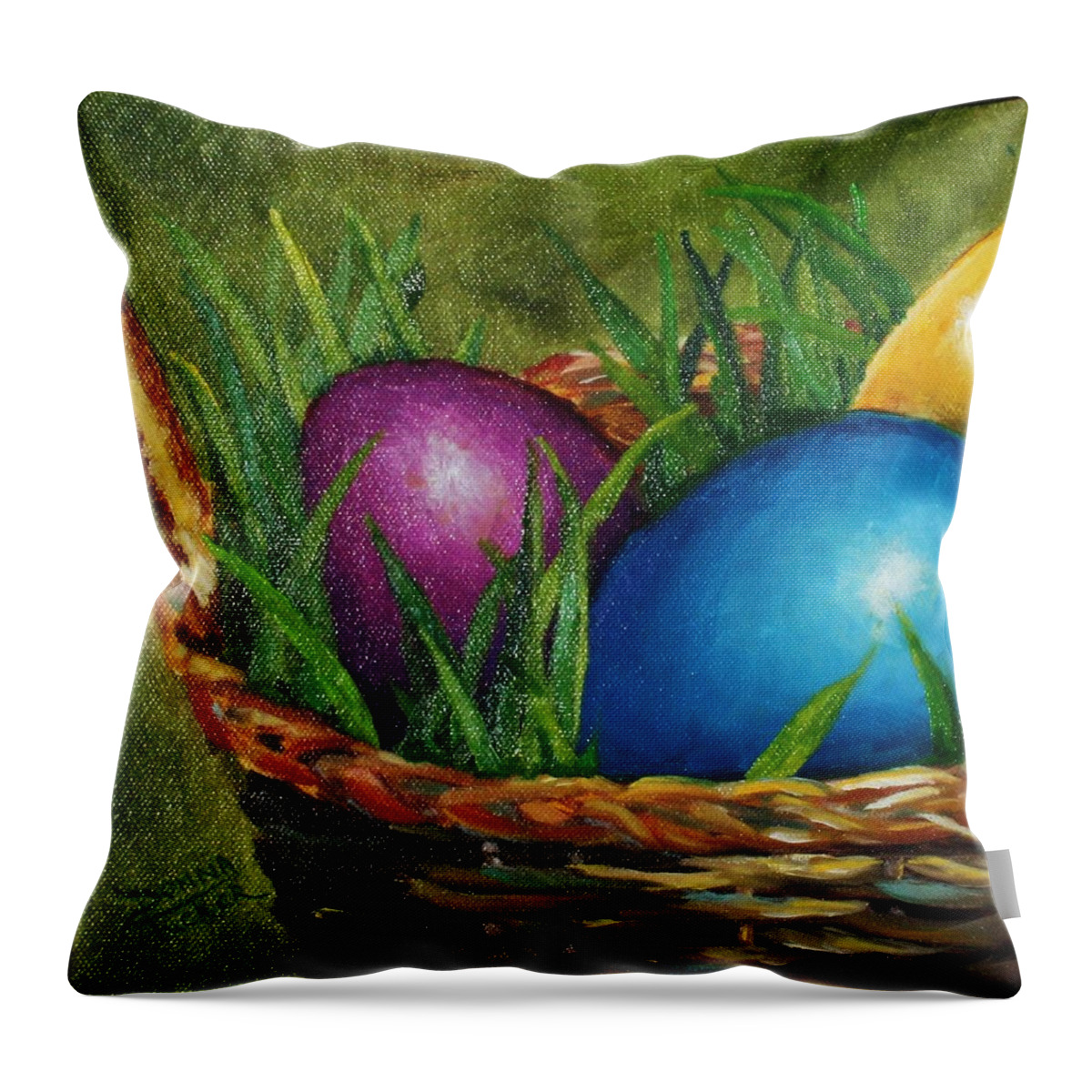 Basket Throw Pillow featuring the painting Easter Basket of Eggs by Donna Tucker