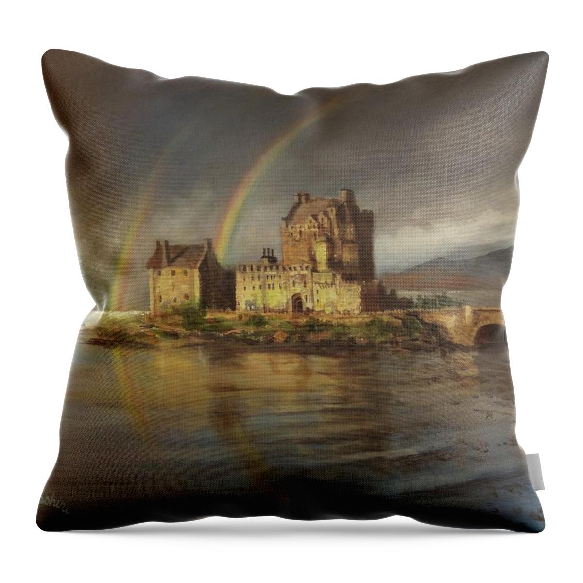 Eilean Donan Castle; Scotland; Rainbow; Tom Shropshire Painting; Scottish Castle Throw Pillow featuring the painting Eilean Donans Rainbows by Tom Shropshire
