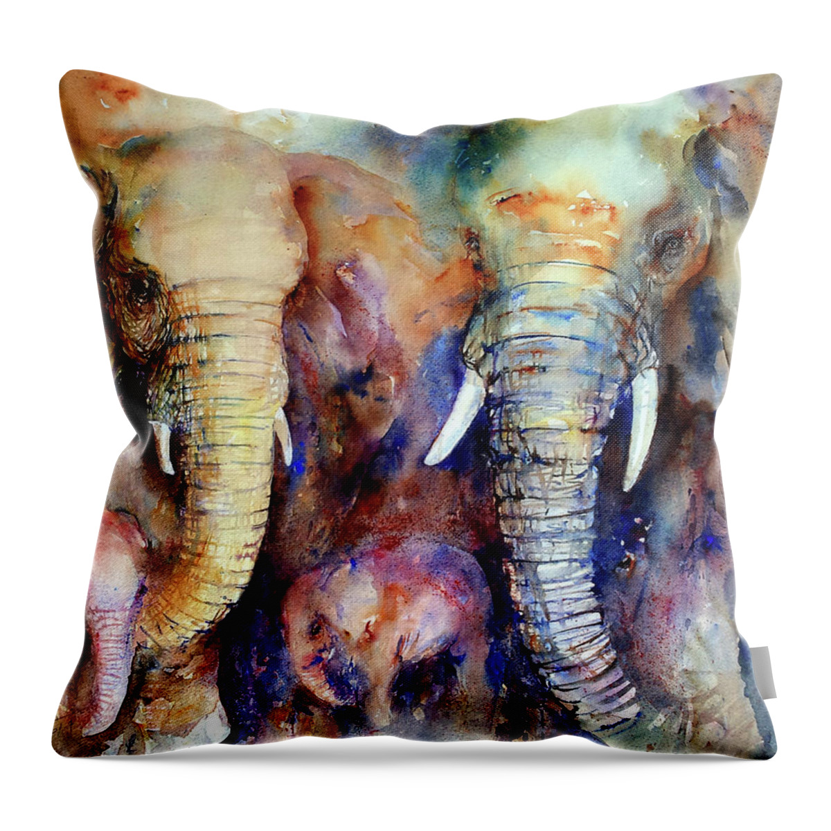 Elephants Throw Pillow featuring the painting Elephant Family by Arti Chauhan