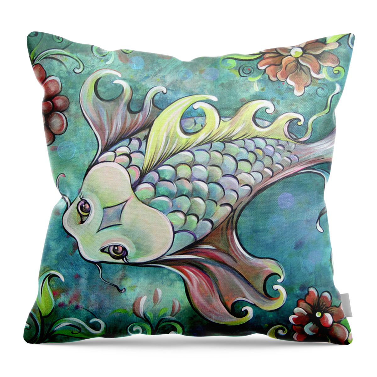 Koi Throw Pillow featuring the painting Emerald Koi by Shadia Derbyshire