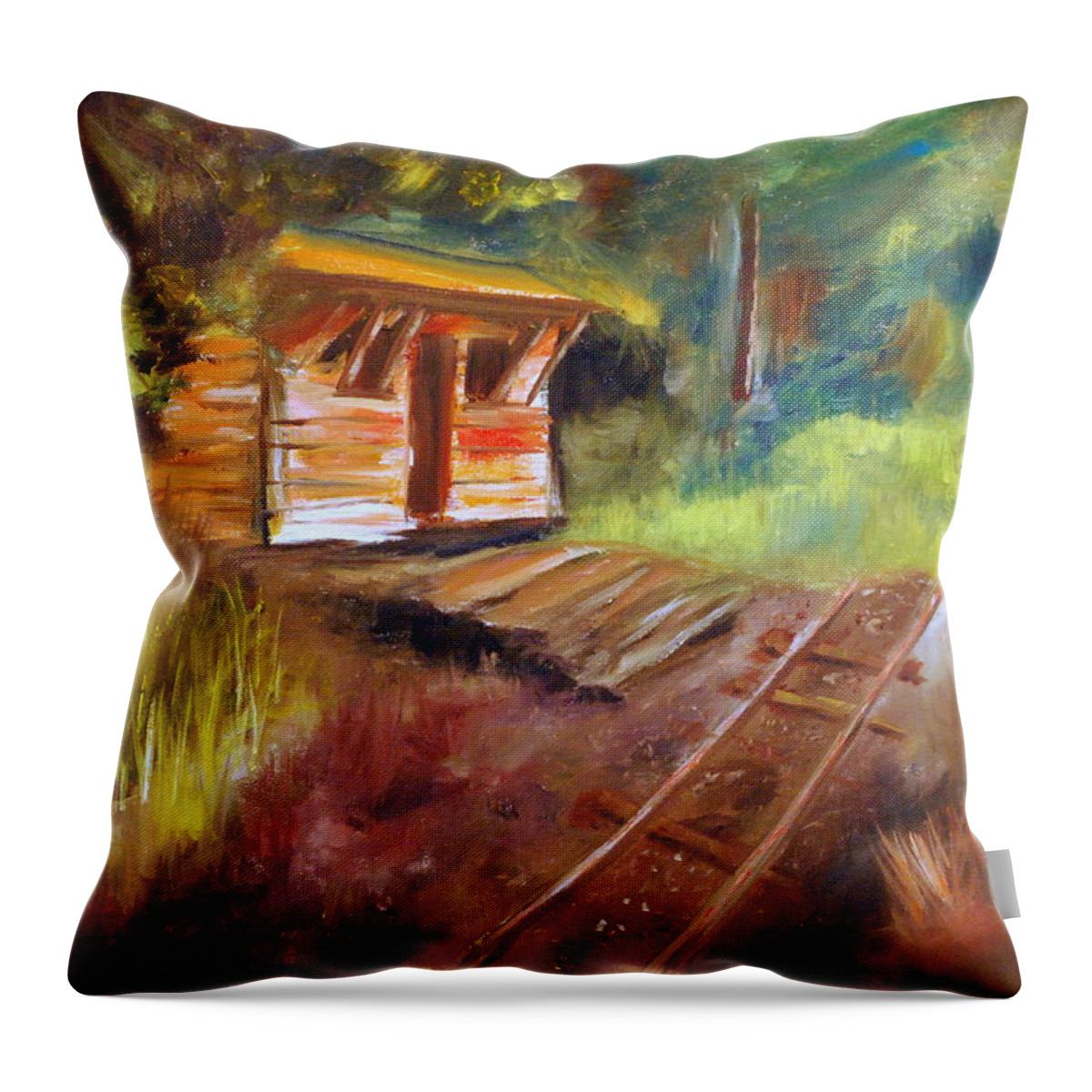 Impressionist Abandoned Rail Line Throw Pillow featuring the painting End Of The Line by Phil Burton