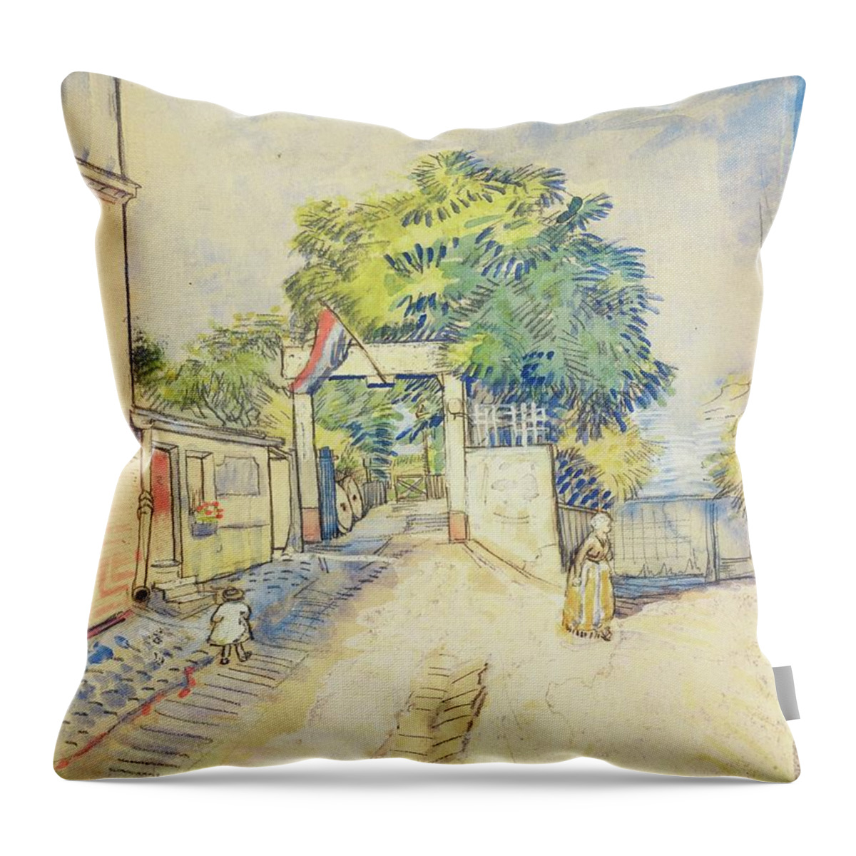 Entrance To The Moulin De La Galette Paris Throw Pillow featuring the painting Entrance to the Moulin de la Galette Paris by MotionAge Designs