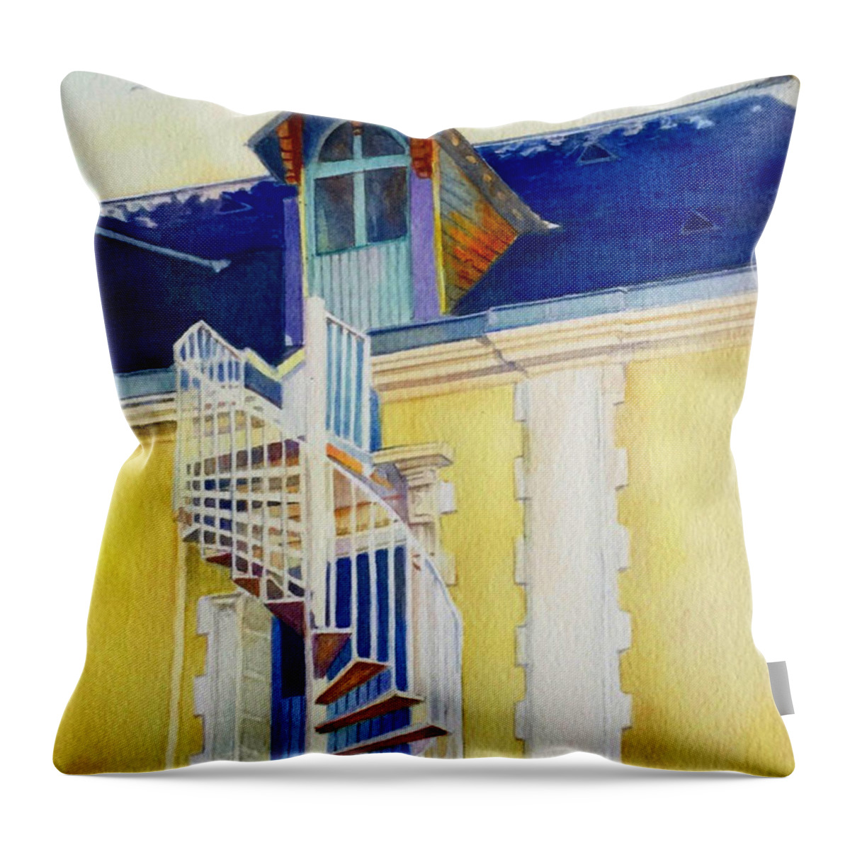 Escalier Throw Pillow featuring the painting Escalier du Grenier by Francoise Chauray