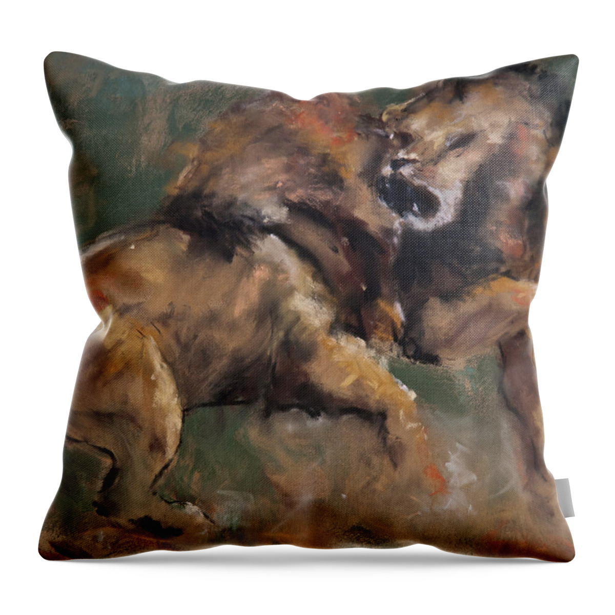 Lions Throw Pillow featuring the pastel 'Establishing Position' by Jim Fronapfel