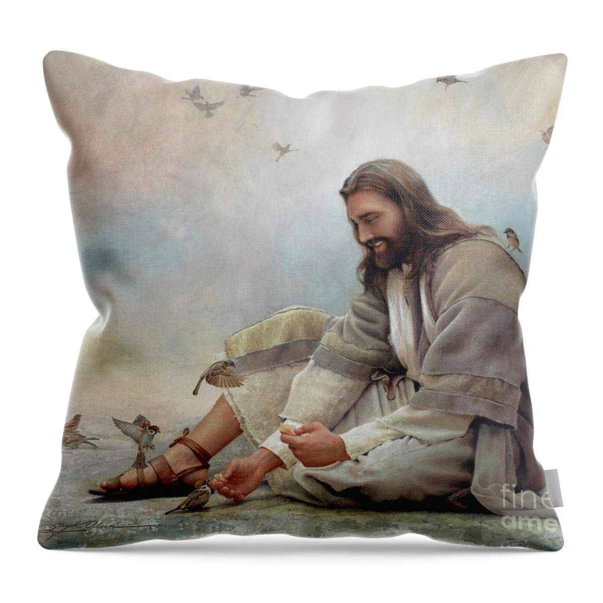 Jesus Throw Pillow featuring the painting Even A Sparrow by Greg Olsen