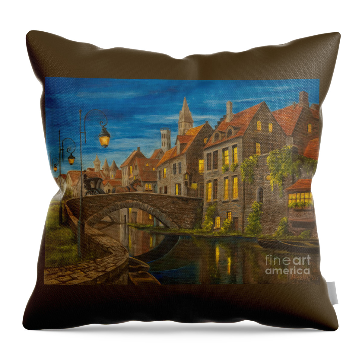 Bruges Belgium Art Throw Pillow featuring the painting Evening in Brugge by Charlotte Blanchard