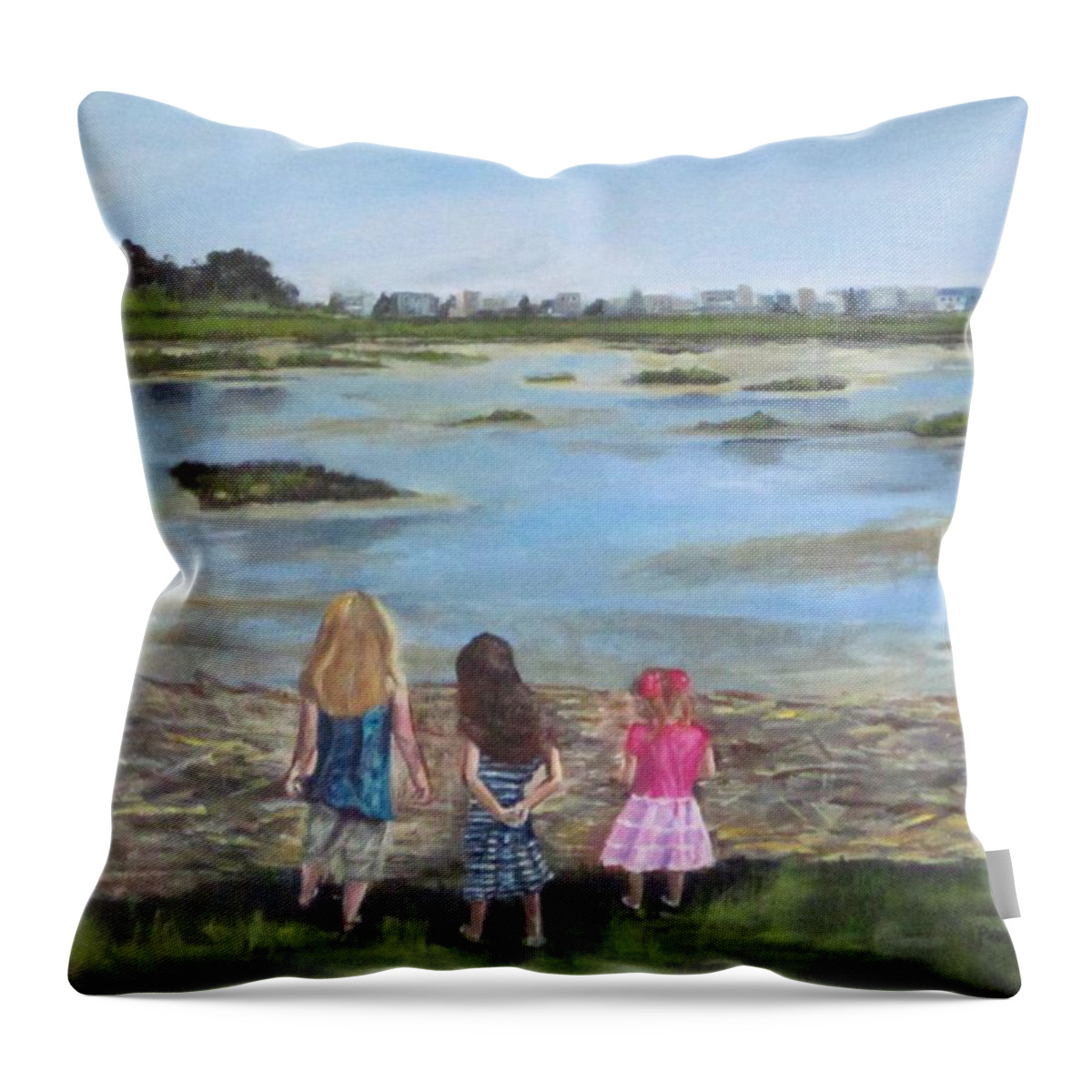 Acrylic Throw Pillow featuring the painting Exploring The Marshes by Paula Pagliughi