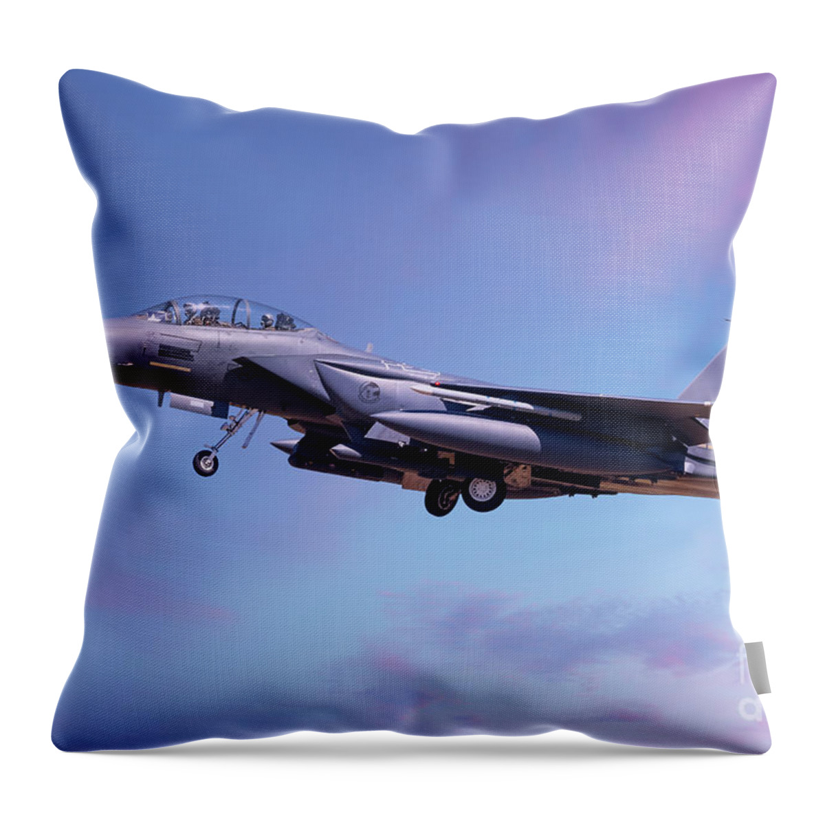 Usaf Throw Pillow featuring the photograph F15 coming into land lowering landing gear by Simon Bratt