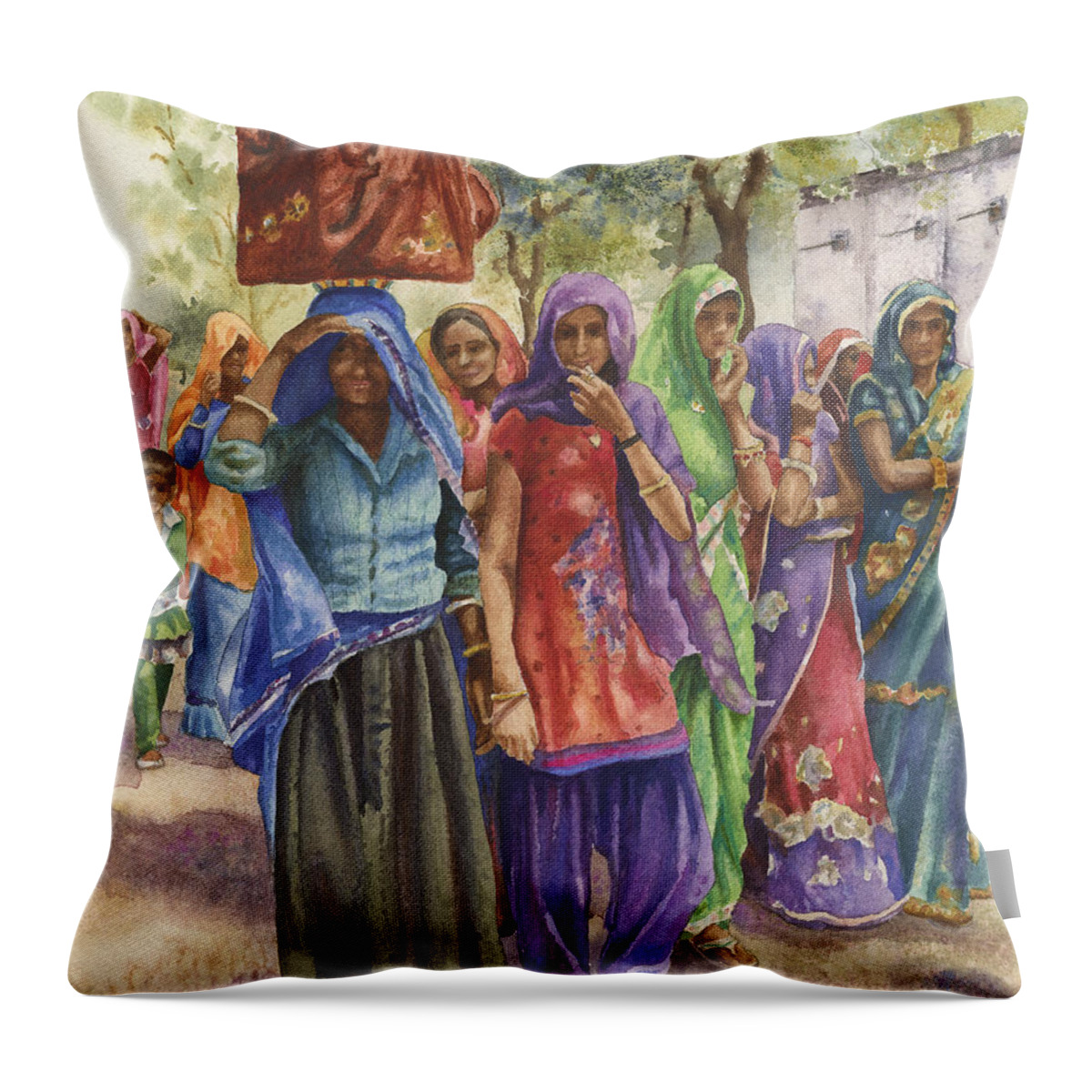 Indian Women Painting Throw Pillow featuring the painting Faces from Across the World by Anne Gifford