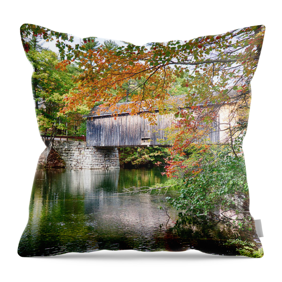 Autumn Foliage New England Throw Pillow featuring the photograph Fall colors over the Babs covered bridge by Jeff Folger
